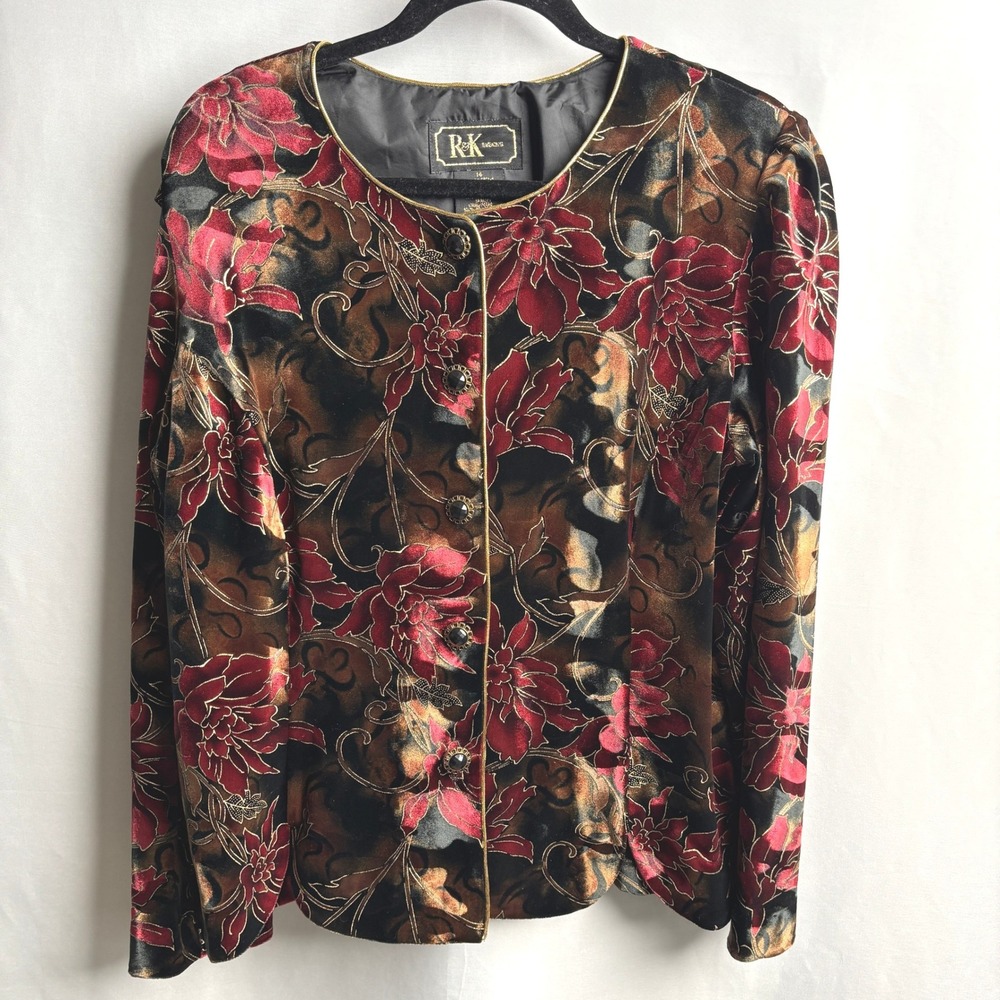 VTG Black Red Floral Velvet Burnout Button Front Jacket Formal Holiday Goth 14